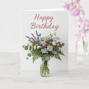 Tarjeta de cumpleaños con jarrón de flores silvest