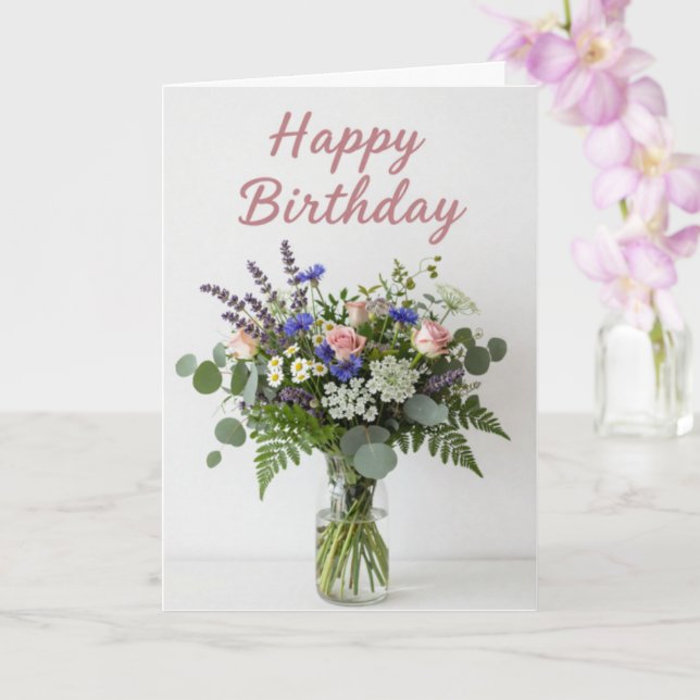 Tarjeta de cumpleaños con jarrón de flores silvest (Orquídea)