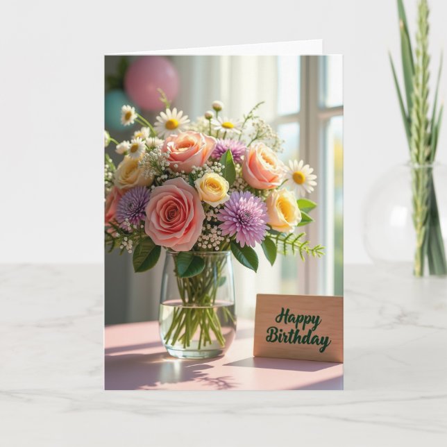 Tarjeta de cumpleaños con jarrón de rosas dulce (Anverso)