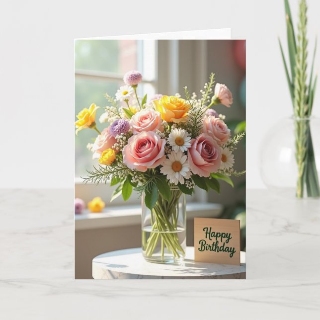 Tarjeta de cumpleaños con jarrón floral alegre (Anverso)