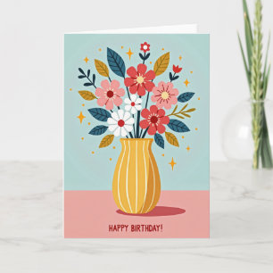 Tarjeta de cumpleaños con jarrón floral alegre
