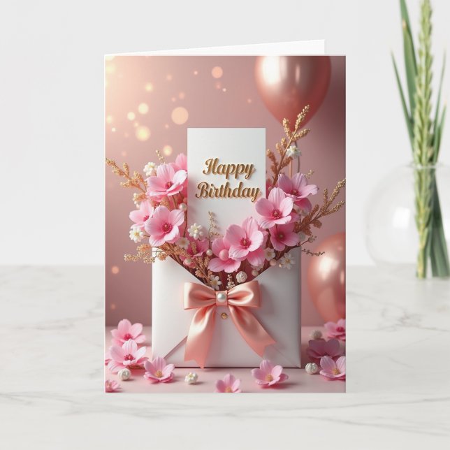 Tarjeta de cumpleaños con lazo rosa melocotón (Anverso)