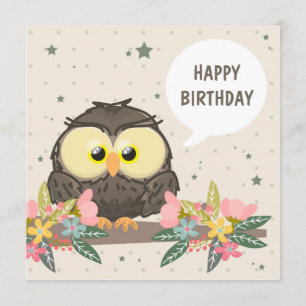 Tarjeta De Cumpleaños Con Lechuza Cuta Y Decoració
