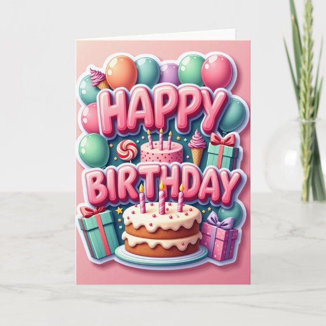 Tarjeta de cumpleaños con letras rosadas (Anverso)