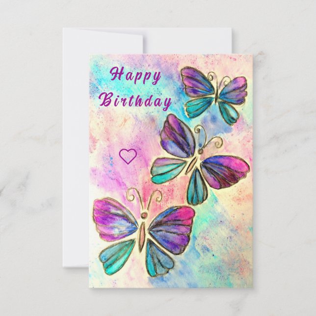 Tarjeta de cumpleaños con mariposas rosadas púrpur (Anverso)