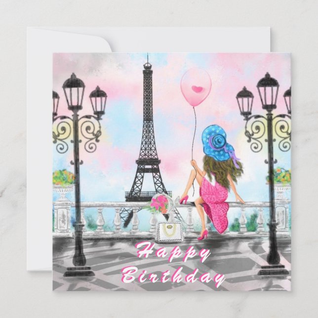 Tarjeta de cumpleaños con mujer en la Torre Eiffel (Anverso)