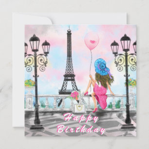 Tarjeta de cumpleaños con mujer en la Torre Eiffel