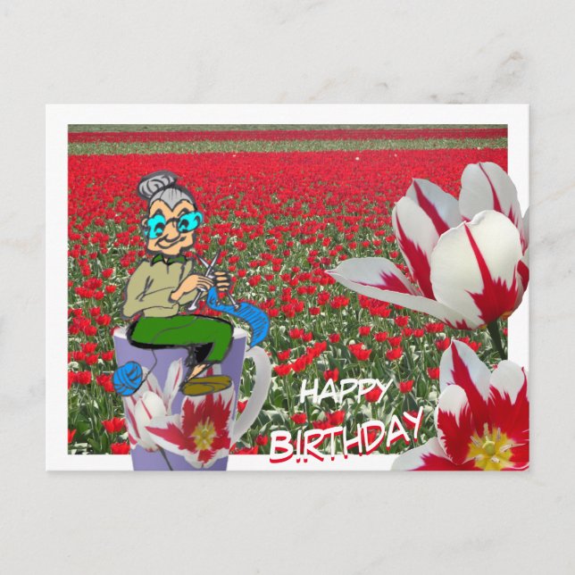 Tarjeta de cumpleaños con mujer tejiendo en taza d (Anverso)