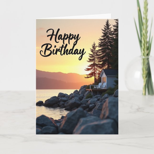 Tarjeta de cumpleaños con paisaje de cabaña (Anverso)
