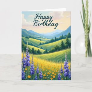 Tarjeta de cumpleaños con paisaje pintado alegre
