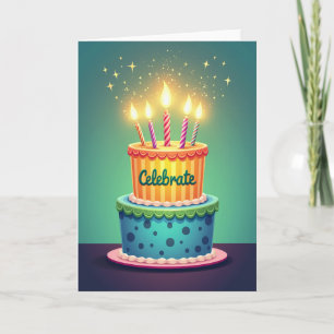 Tarjeta de cumpleaños con pastel a rayas