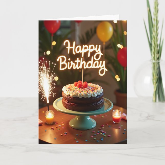 Tarjeta de cumpleaños con pastel brillante (Anverso)
