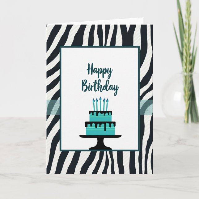 Tarjeta de cumpleaños con pastel de rayas de cebra (Anverso)
