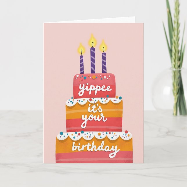 Tarjeta de cumpleaños con pastel de rosa brillante (Anverso)