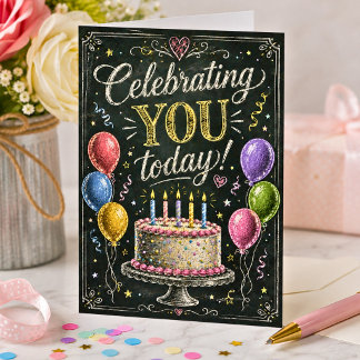 Tarjeta de cumpleaños con pastel y globos rústicos
