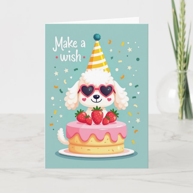 Tarjeta de cumpleaños con pastel y perro alegre (Anverso)