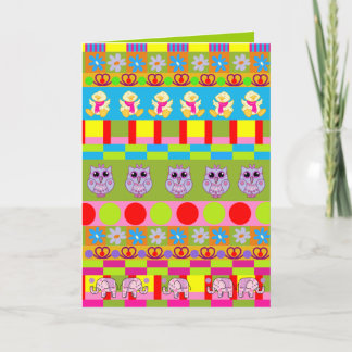 Tarjeta de cumpleaños con patrones y búhos, etc.