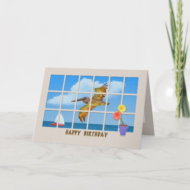 Tarjeta de cumpleaños con pelícano marrón y flores (Anverso)