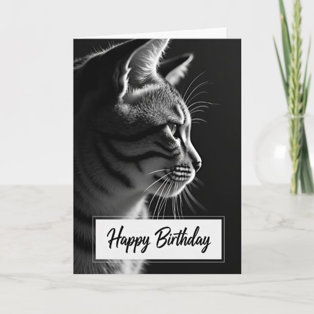 Tarjeta de cumpleaños con perfil de gato sereno (Anverso)