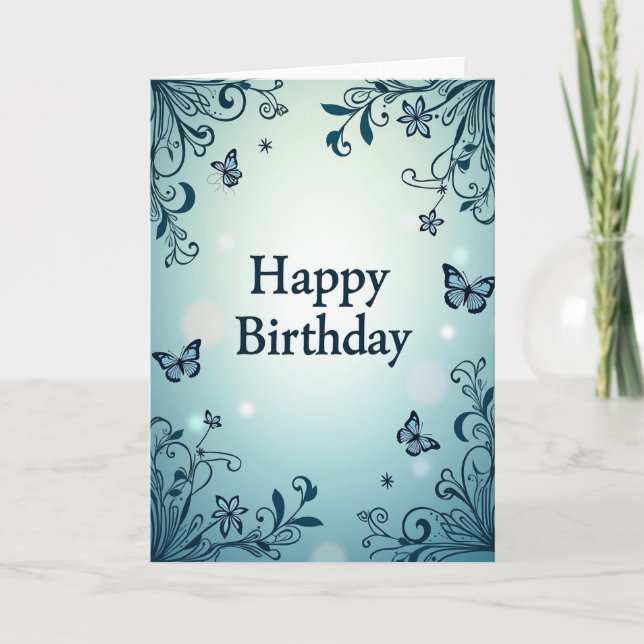 Tarjeta de cumpleaños con pergamino azul verdoso (Anverso)