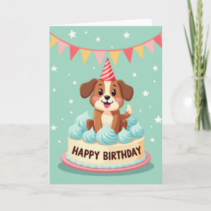 Tarjeta de cumpleaños con perro en pastel