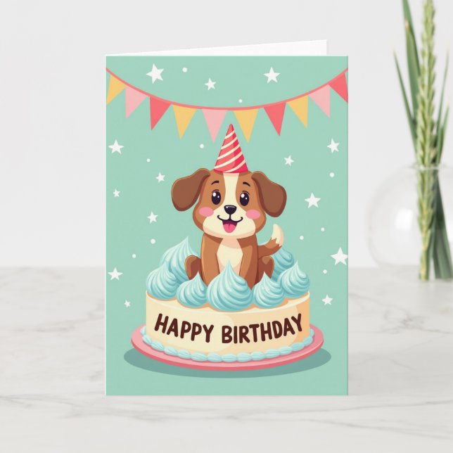 Tarjeta de cumpleaños con perro en pastel (Anverso)