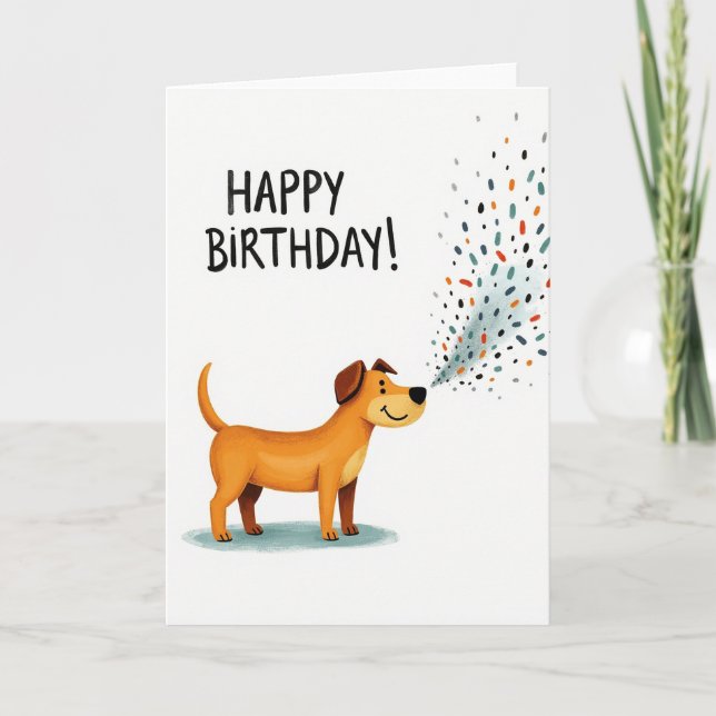 Tarjeta de Cumpleaños con Perro y Confeti Alegre (Anverso)