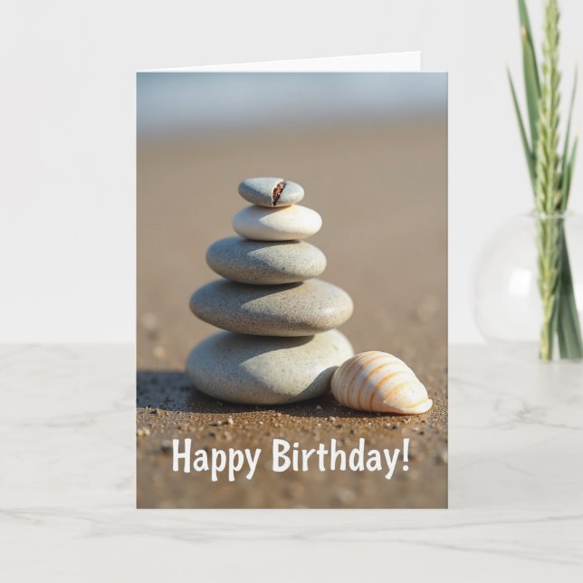 Tarjeta de cumpleaños con pila de piedras serenas (Anverso)