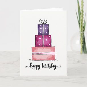Tarjeta de cumpleaños con pila de regalos alegres