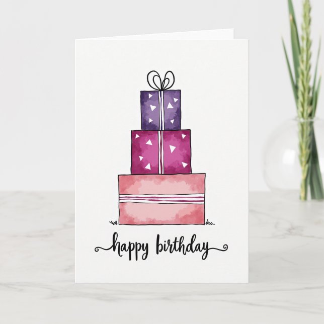 Tarjeta de cumpleaños con pila de regalos alegres (Anverso)