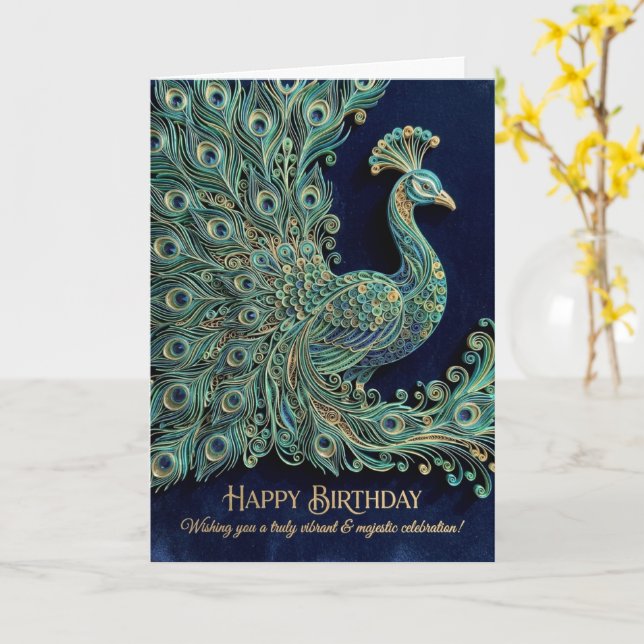 Tarjeta de cumpleaños con plumas de pavo real enjo (flor amarilla)