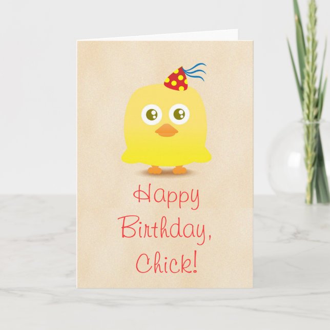 Tarjeta de cumpleaños con pollo lindo con sombrero (Anverso)