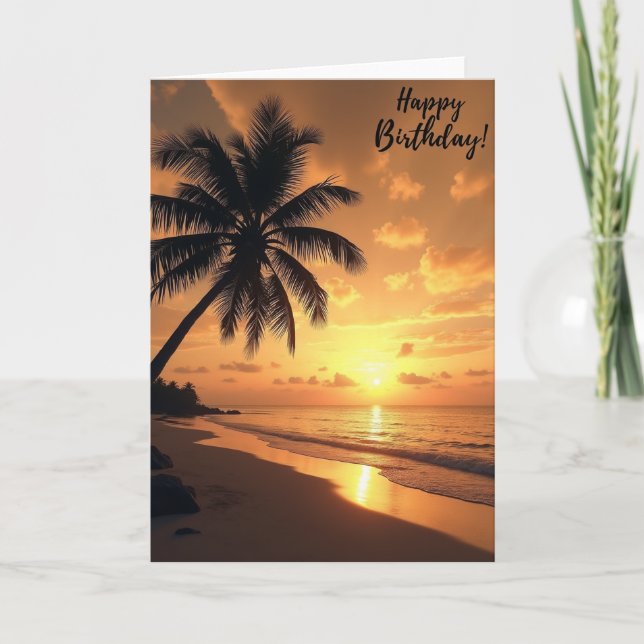 Tarjeta de cumpleaños con puesta de sol y palmera (Anverso)