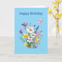 Tarjeta de cumpleaños con ramo de flores y maripos