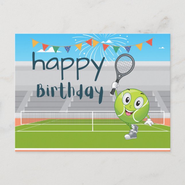 Tarjeta de cumpleaños con raqueta y bola en verde (Anverso)