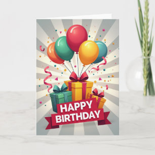 Tarjeta de cumpleaños con regalos brillantes