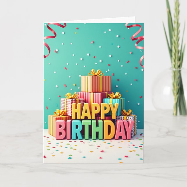 Tarjeta de cumpleaños con regalos coloridos (Anverso)
