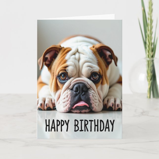 Tarjeta de cumpleaños con retrato de perro dócil (Anverso)