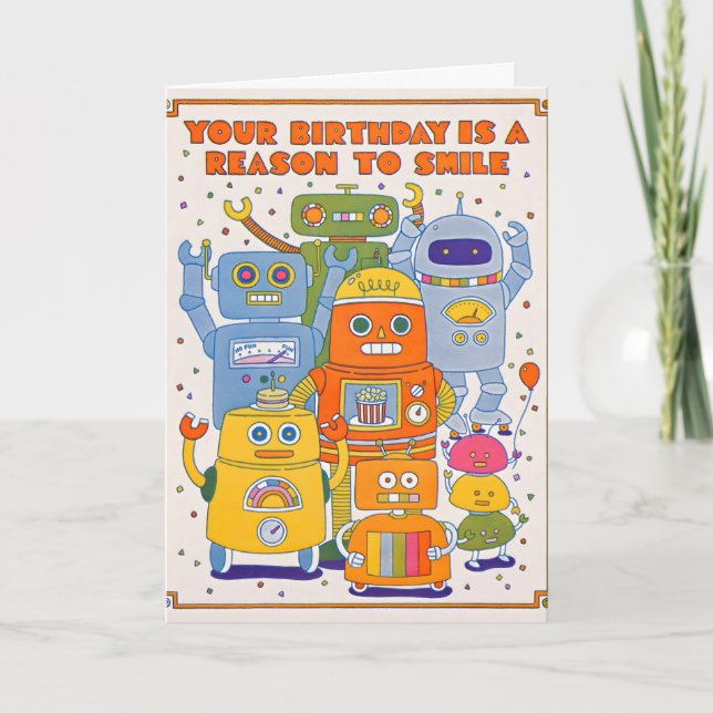 Tarjeta de Cumpleaños con Robot Sonriente Letterpr (Anverso)
