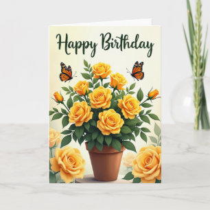 Tarjeta de cumpleaños con rosa dorada en maceta