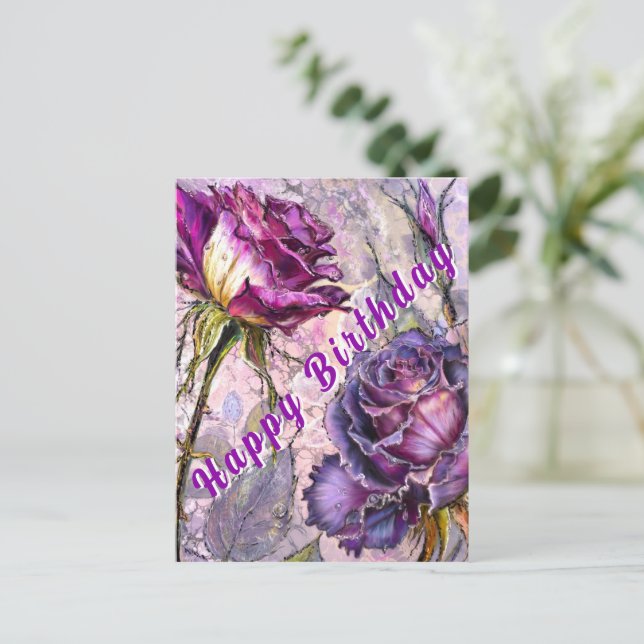 Tarjeta de cumpleaños con rosas púrpuras (Anverso de pie)