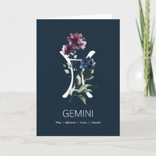 Tarjeta de cumpleaños con signo zodiacal Géminis y