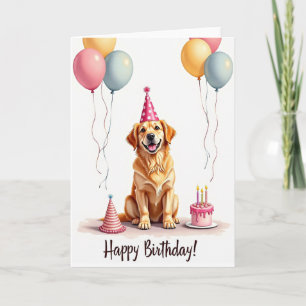 Tarjeta de cumpleaños con sombrero de perro dorado