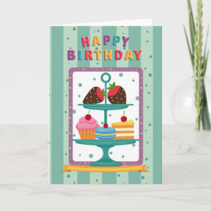 Tarjeta de cumpleaños con stand de postres