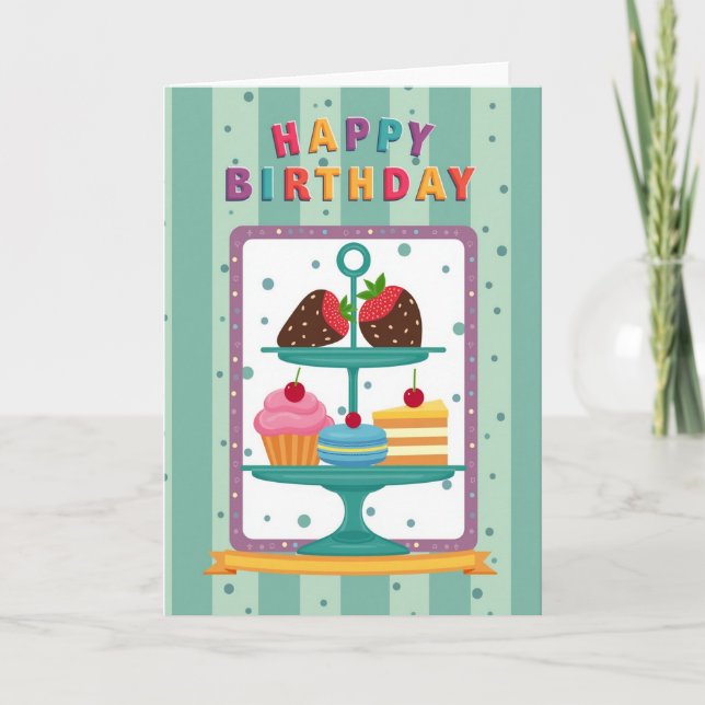 Tarjeta de cumpleaños con stand de postres (Anverso)