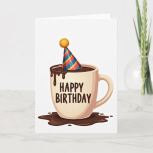 Tarjeta de cumpleaños con taza y sombrero de fiest