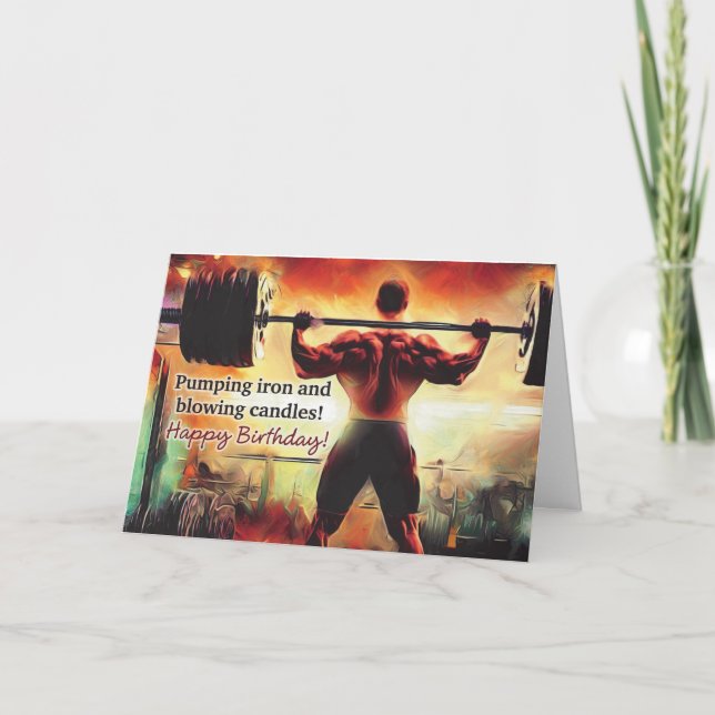 Tarjeta de cumpleaños con tema de levantamiento de (Anverso)