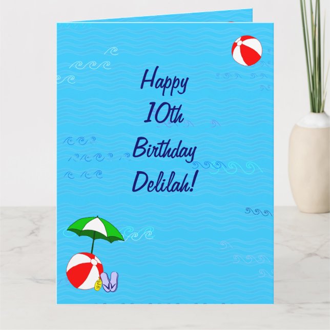 Tarjeta de cumpleaños con tema de piscina para Del (Anverso)
