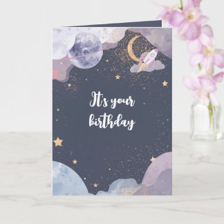 Tarjeta de cumpleaños con tema espacial personaliz