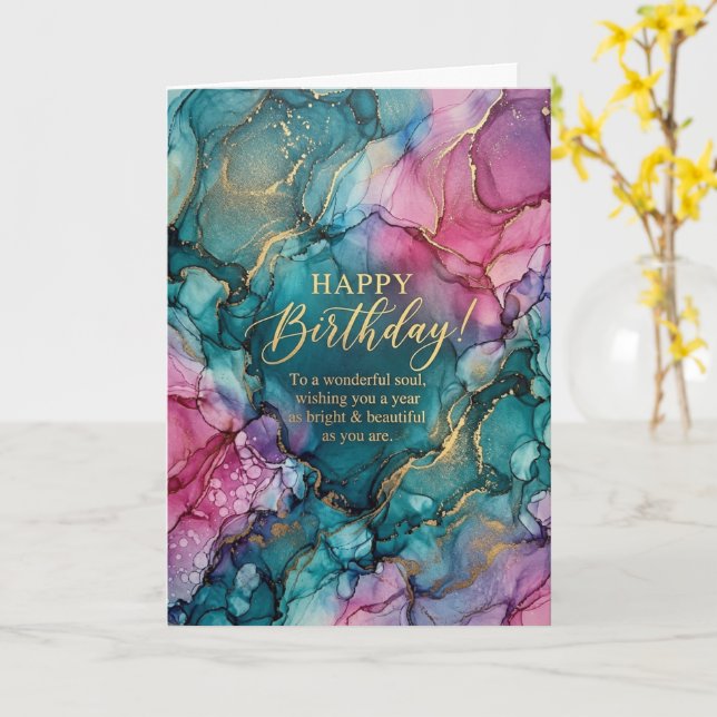 Tarjeta de cumpleaños con tinta de alcohol rosa tu (flor amarilla)